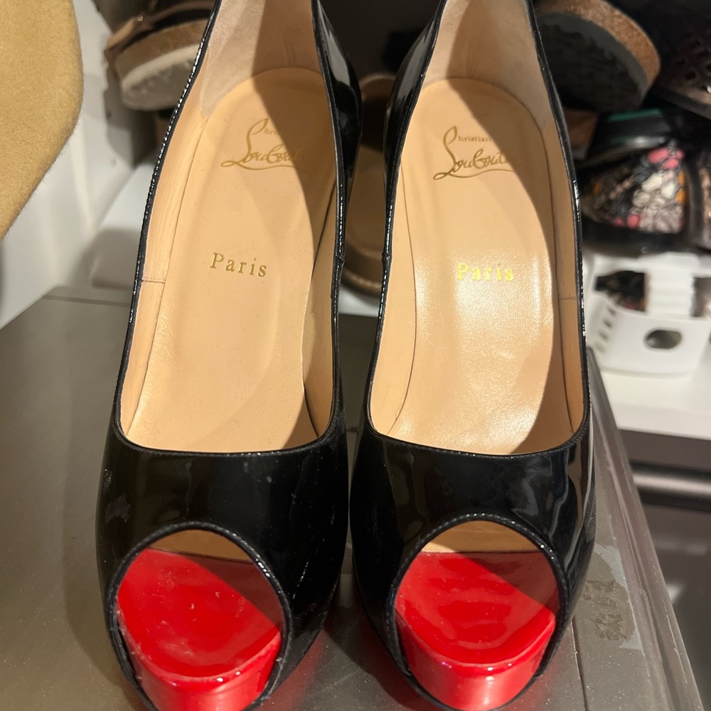 Christian Louboutin Black Peep-Toe Heels with Red Platform